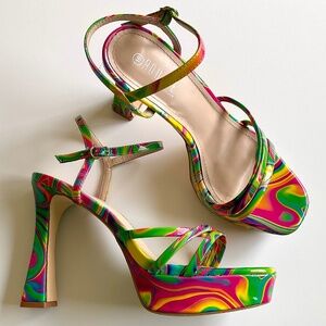 ROUGE HELIUM Groovy Swirl Platform Neon Heels Sandals Pumps Shoe Size 10